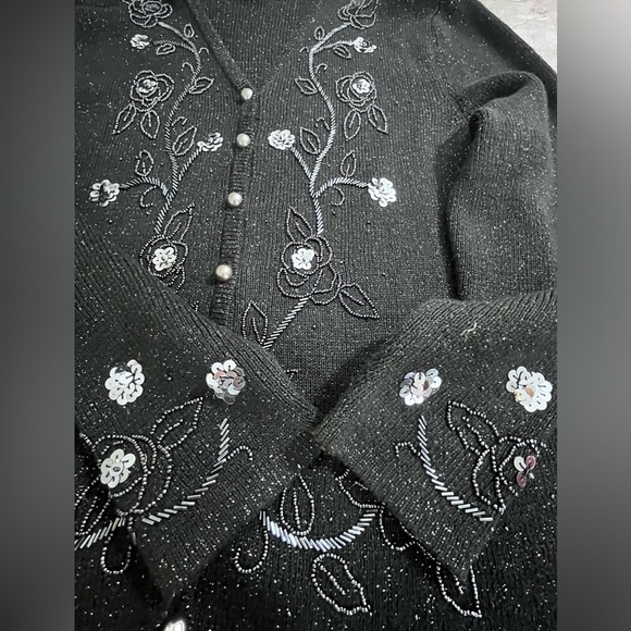 Work In Progress Black Cardigan Sequins Shimmer Holiday Vintage Inspired Large - Picture 5 of 8
